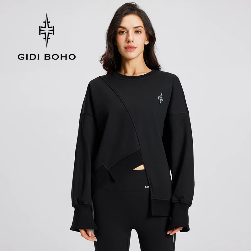 GIDI BOHO/极地薄荷秋冬新款长袖百搭时尚户外运动宽松黑色卫衣女