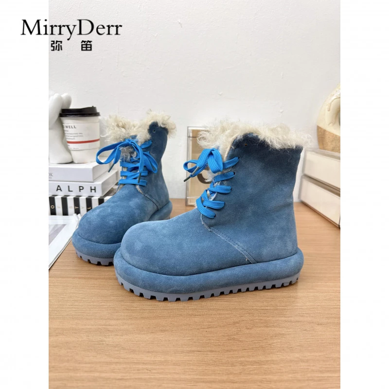 2025冬季新款磨砂高端大头系带雪地靴女加绒保暖厚底毛毛勃肯棉靴
