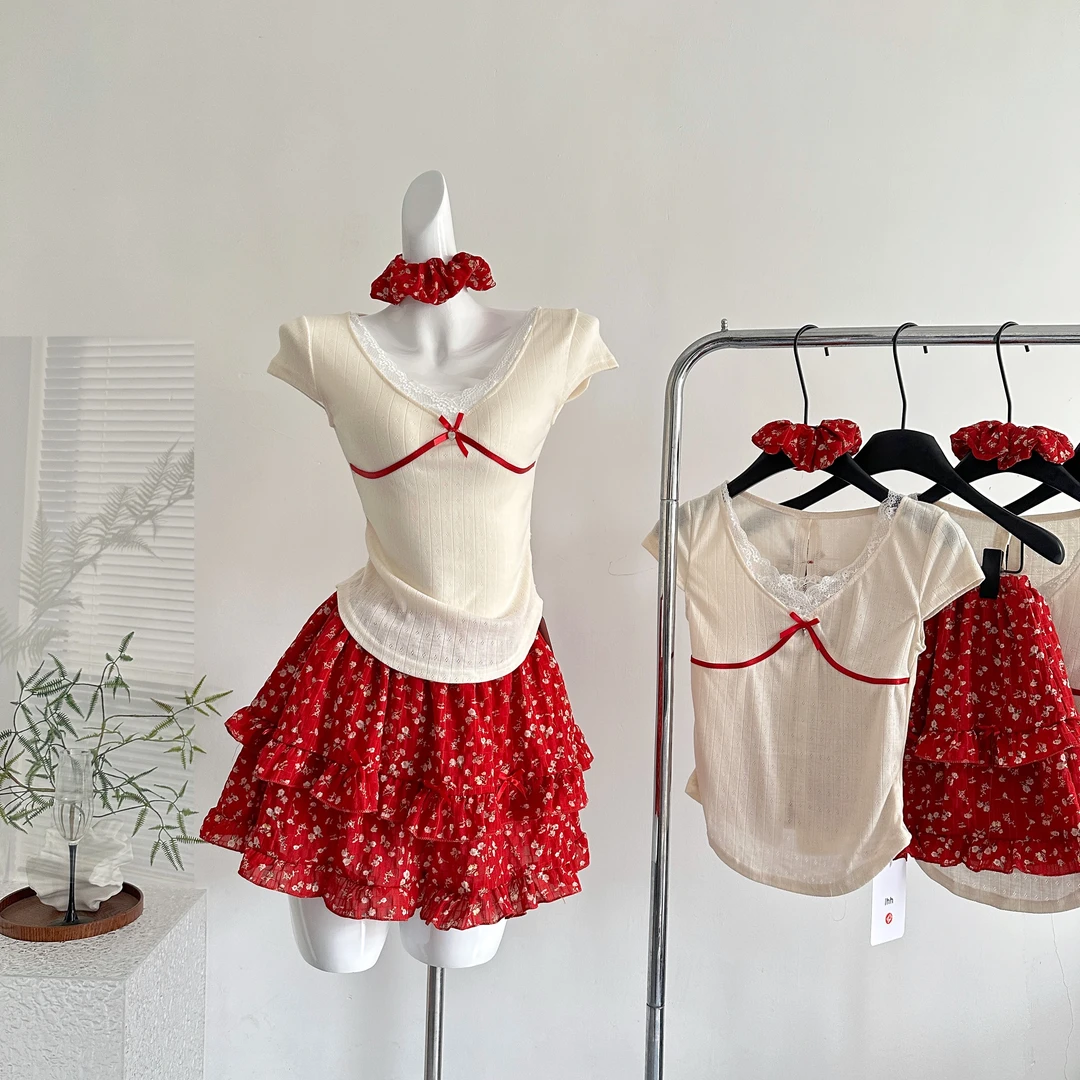 LuckyGirl心动布蕾夏季纯欲甜美修身显瘦短袖半身裙