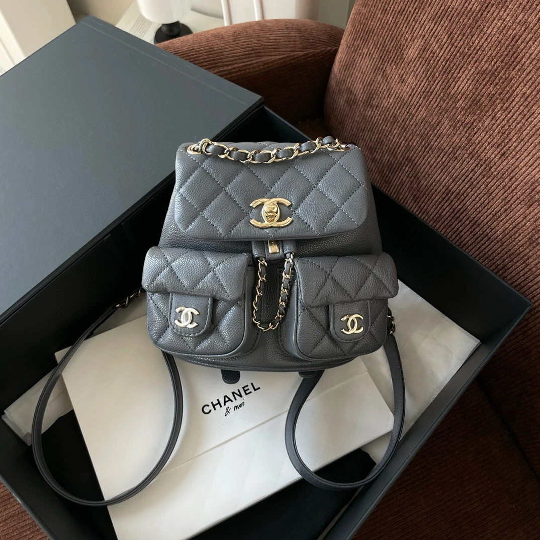 99新 Chanel/香奈儿 灰色小号24Aduma双肩包盒子尘袋 CG12-0022