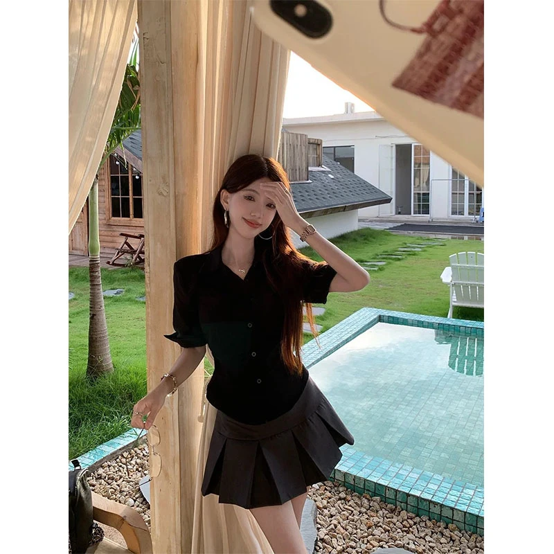 夏季韩系收腰设计感显瘦通勤polo领衬衣新款洋气休闲百褶短裙套装