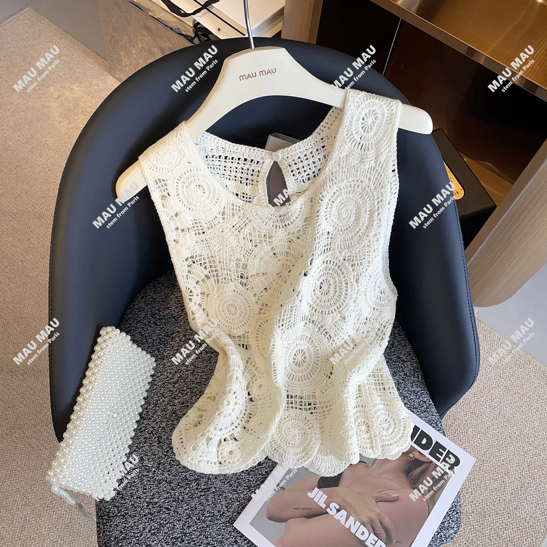 MIUMEM夏季法式度假风钩花镂空无袖针织衫背心上衣MAU1180
