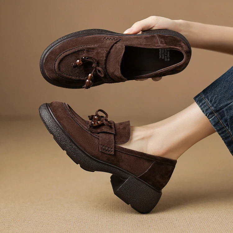 里外纯皮～羊翻皮5cm复古中跟加绒舒适厚底乐福鞋百搭单鞋粗跟新款