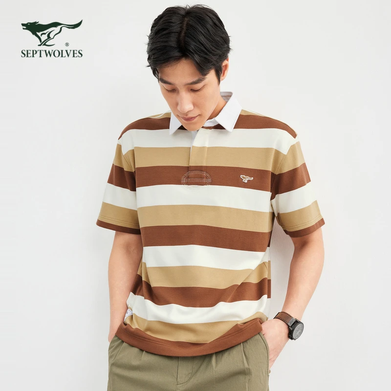 【条纹】七匹狼男装百搭纯棉短袖休闲七夕宽松时尚翻领polo衫6526
