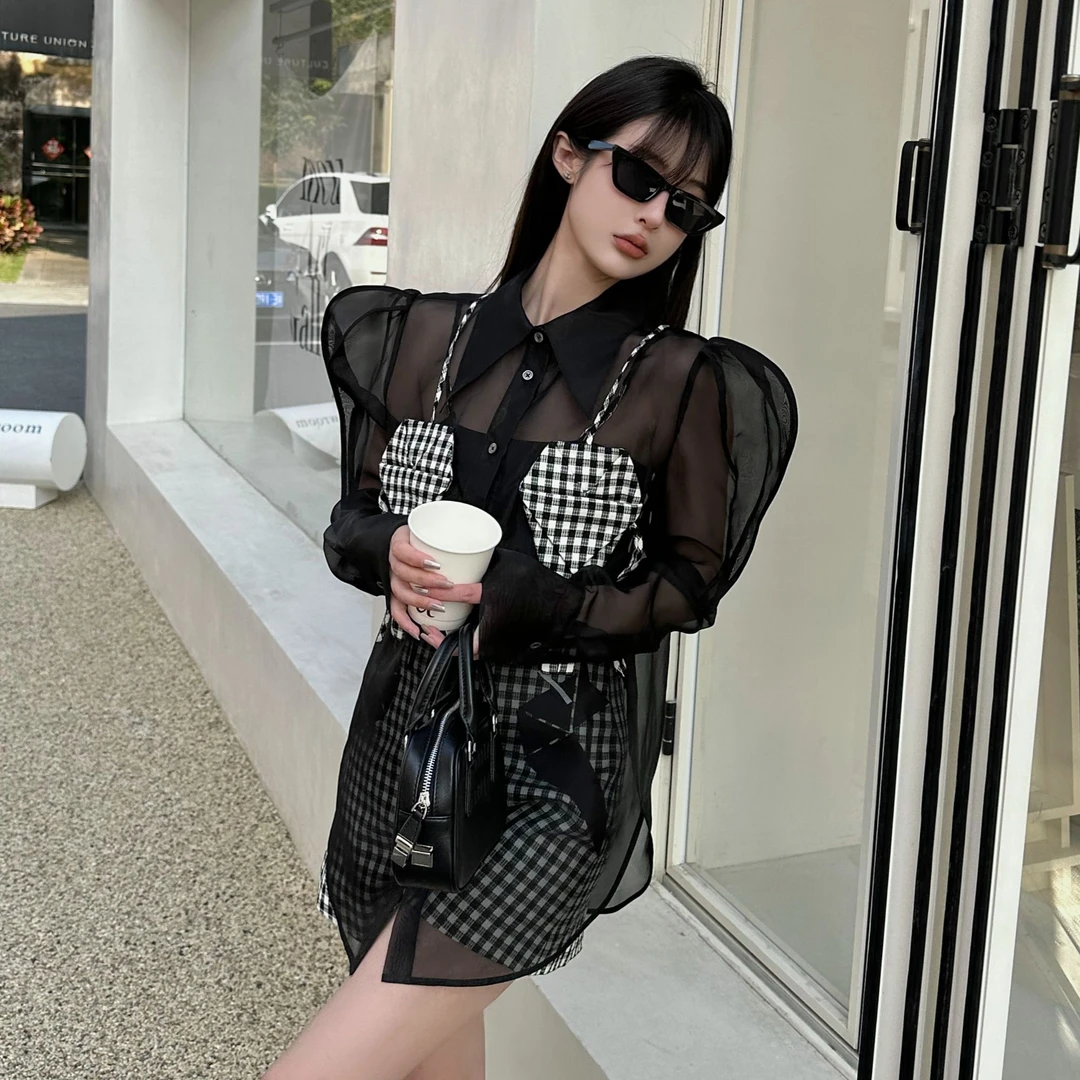 QIANJIE家｜春夏原创小众设计师款半透网纱格子拼接长袖衬衫3616