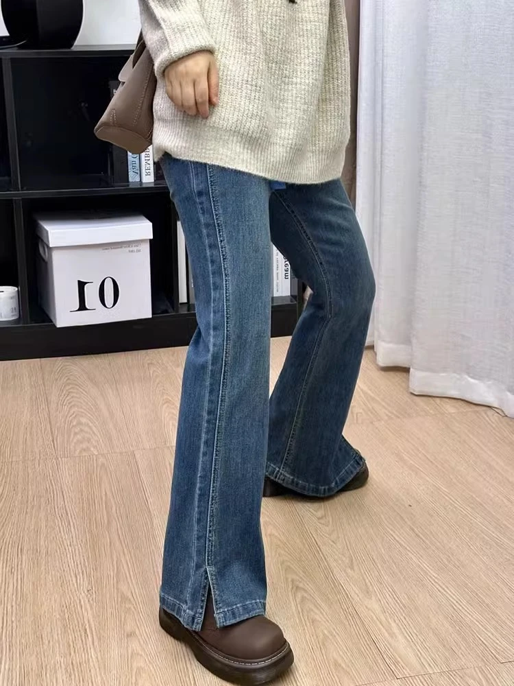 不贴腿微喇裤冬季加绒开叉牛仔裤女小个子大码胖mm窄版直筒喇叭裤