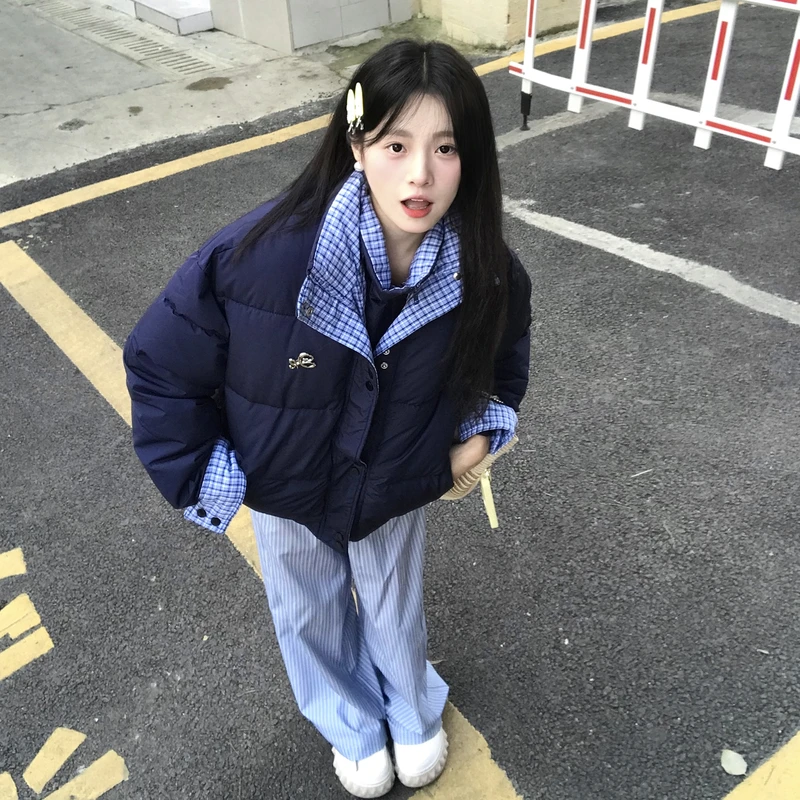女厚款拼接保暖条纹格子棉服2025冬季新款外套加厚百搭面包服韩版