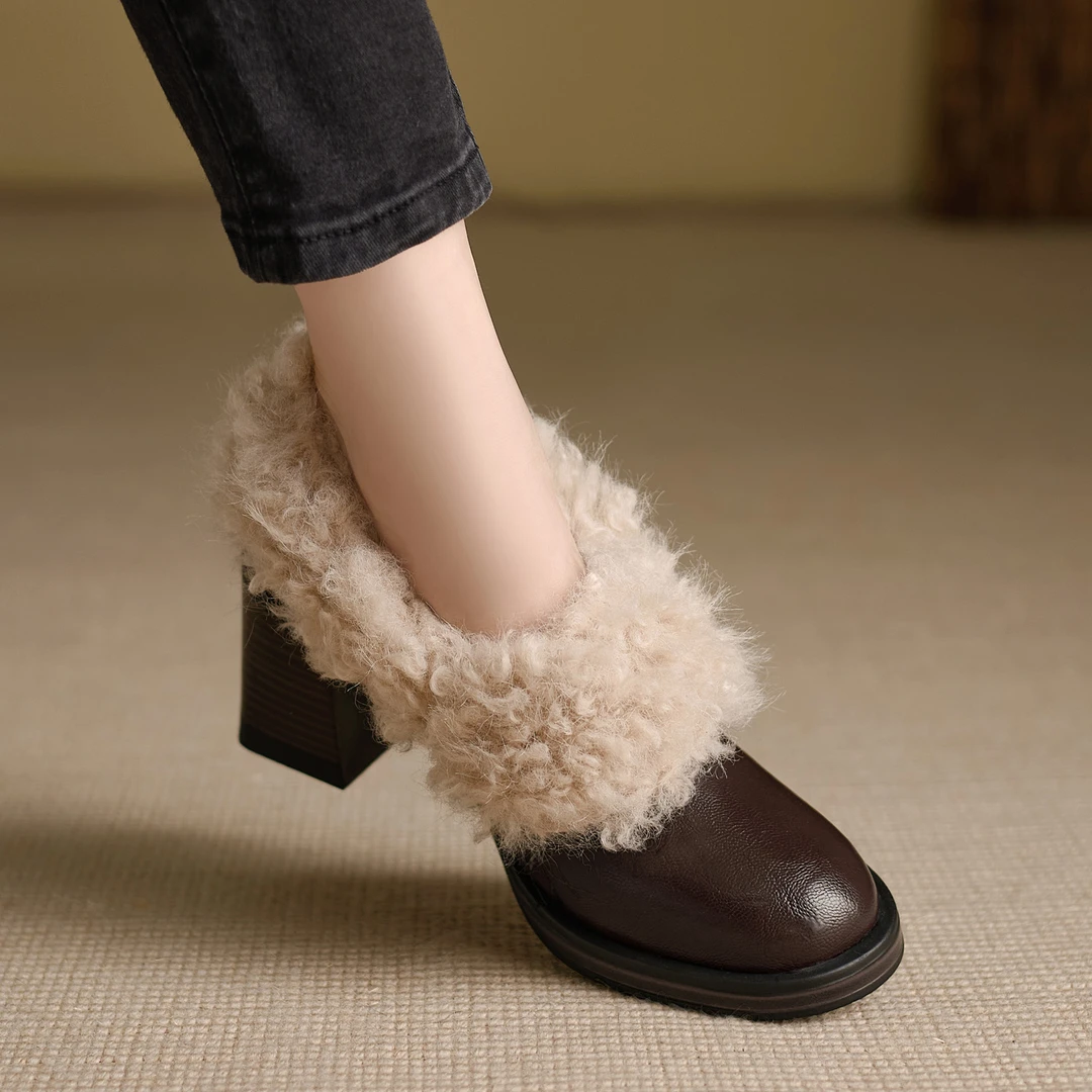 修悦~7.5cm气质高跟鞋冬季加绒加厚毛毛鞋英伦风一脚蹬保暖女鞋子