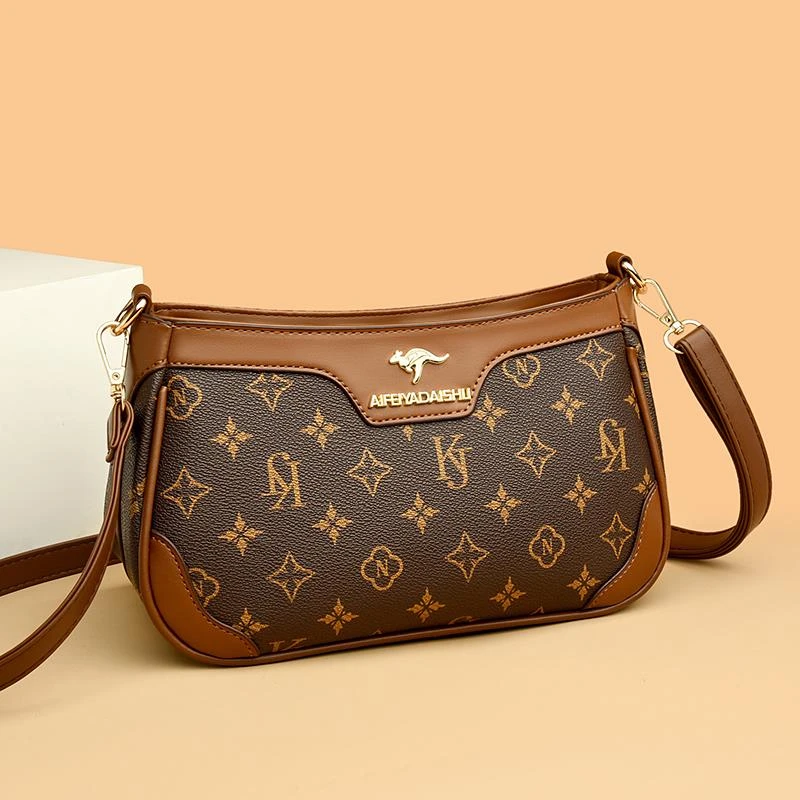 袋鼠真皮女包2025新款时尚百搭中年妈妈包印花牛皮女士单肩斜挎包