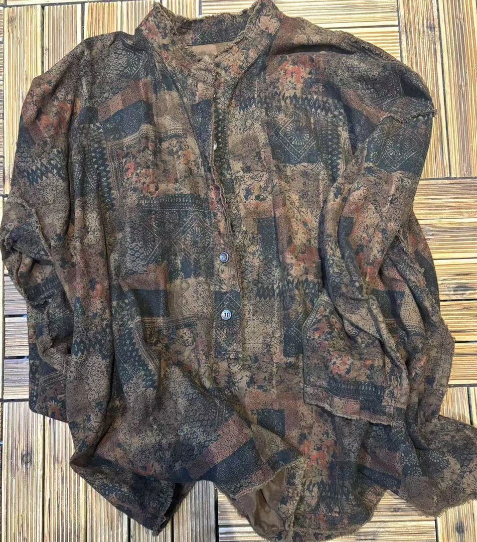 古蘭木-半开套头立领花色毛边衬衫6223