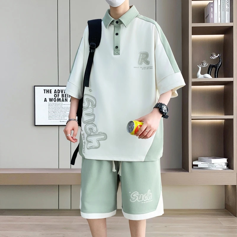 青少年学生夏季短袖套装男运动休闲宽松翻领短袖时尚套装