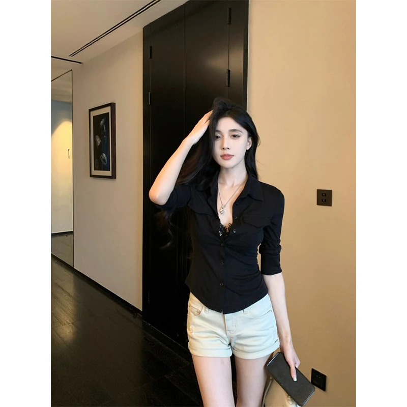2025夏季新款时尚洋气高级感简约长袖衬衫高腰百搭显瘦短裤两件套