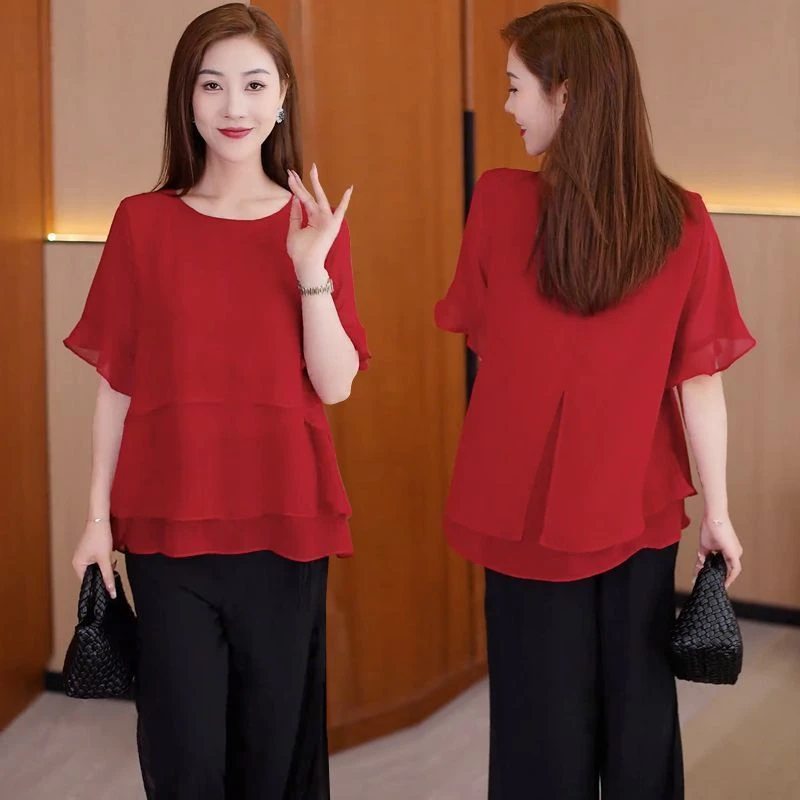 高级感雪纺衫夏季新款短袖纯色宽松胖mm显瘦时尚荷叶边遮肚子上衣