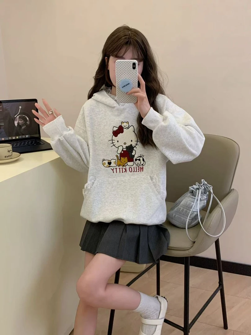 重工刺绣花边KT猫宽松韩版时尚连帽卫衣 V6712#