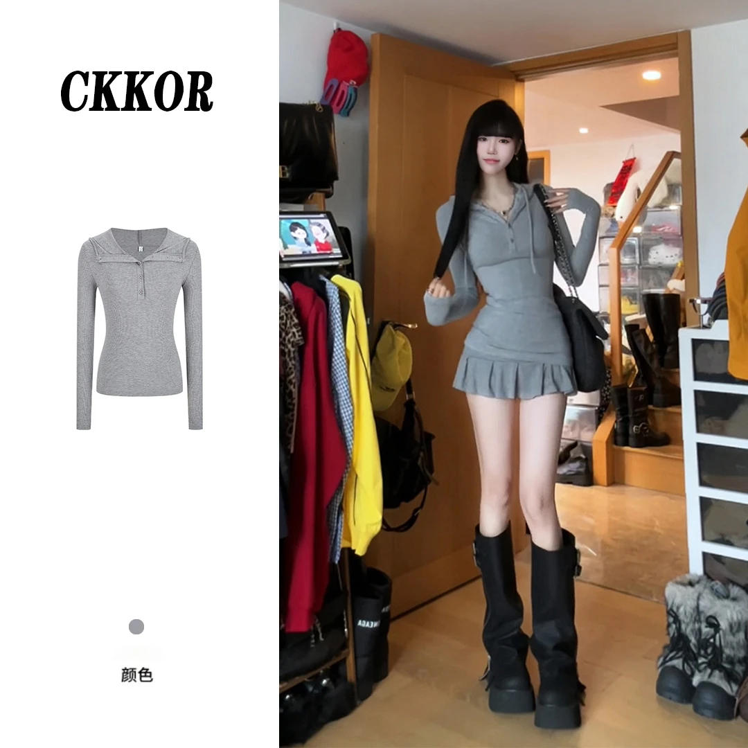 CKKOR春秋新款辣妹收腰显瘦长袖t恤女上衣美式复古纯色连帽套头衫