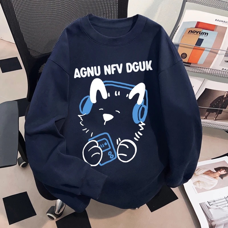 Dekkry秋冬街头藏青色纯棉长袖t恤男女百搭创意耳机小狗印花上衣