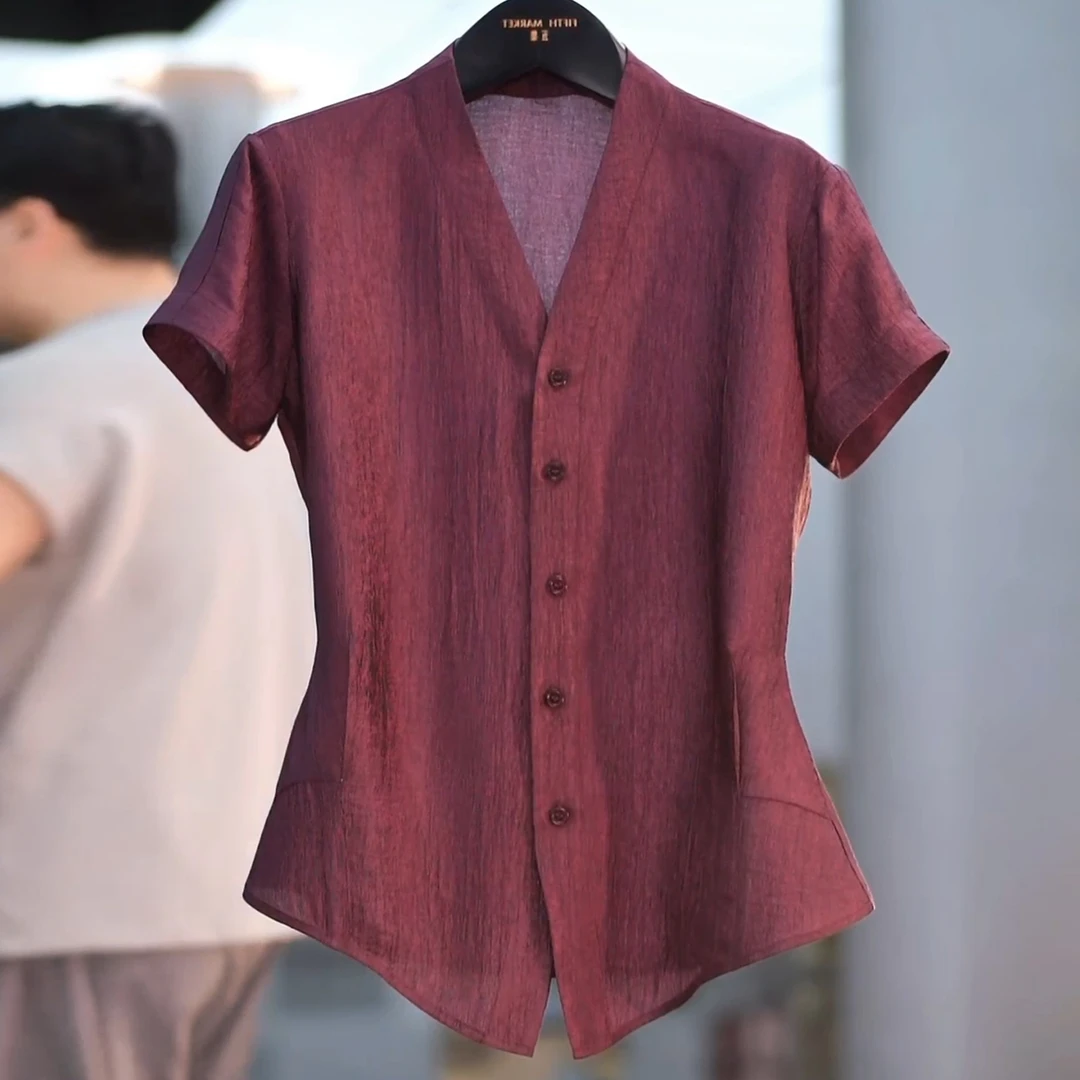 珠光锻醋酸混纺V领收腰高级感休闲衬衣夏季薄款纯色百搭短袖衬衫