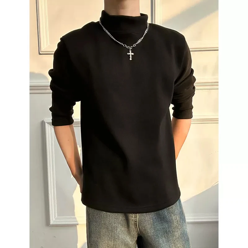 美式半高领德绒打底衫男生冬季加绒加厚内搭纯色宽松长袖T恤上衣