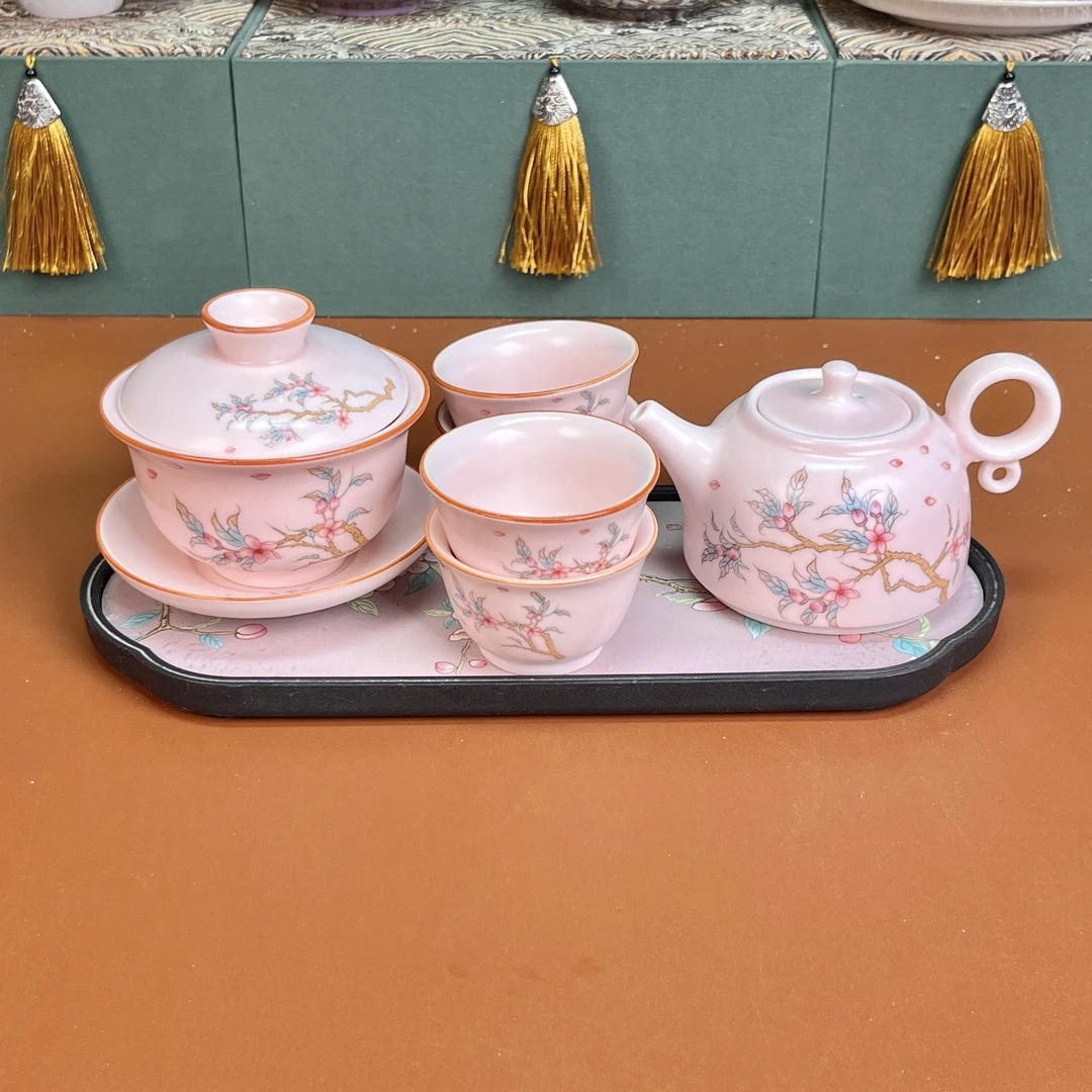 Z2842-粉汝窑梅花猪油冻盖碗+梅花壶+4杯+桃花吸水茶盘
