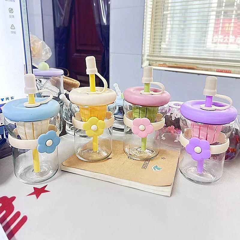 ins女生花朵水杯便携茶水分离杯玻璃杯泡茶杯高颜值吸管杯