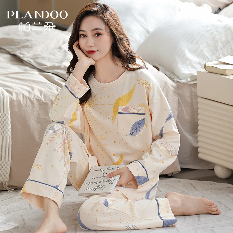 帕兰朵睡衣女士春秋季纯棉长袖圆领家居服秋天秋款全棉2025新套装