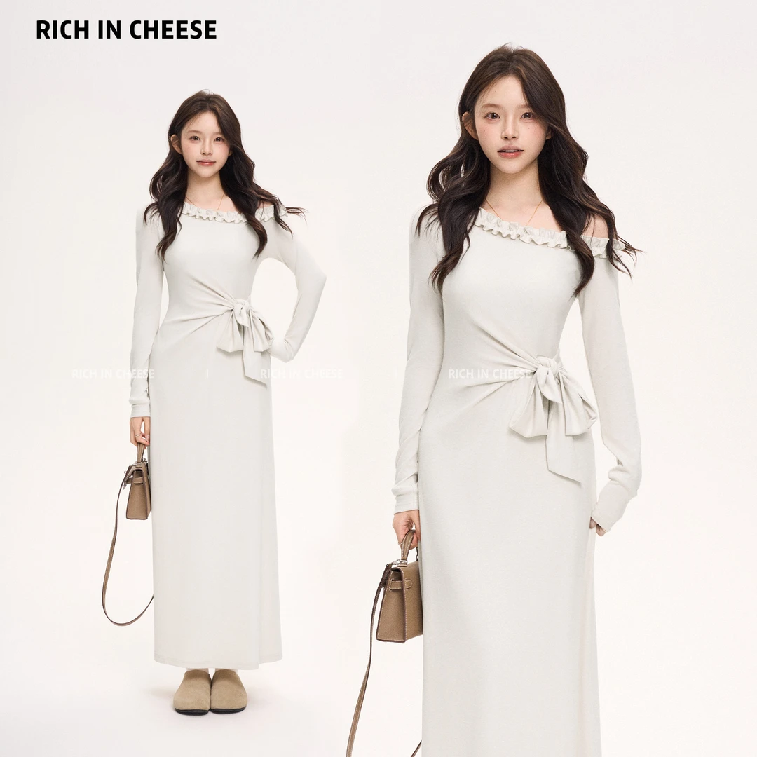 【清清】金川川 江南美人 高级拼接木耳边显瘦针织纽带收腰长裙