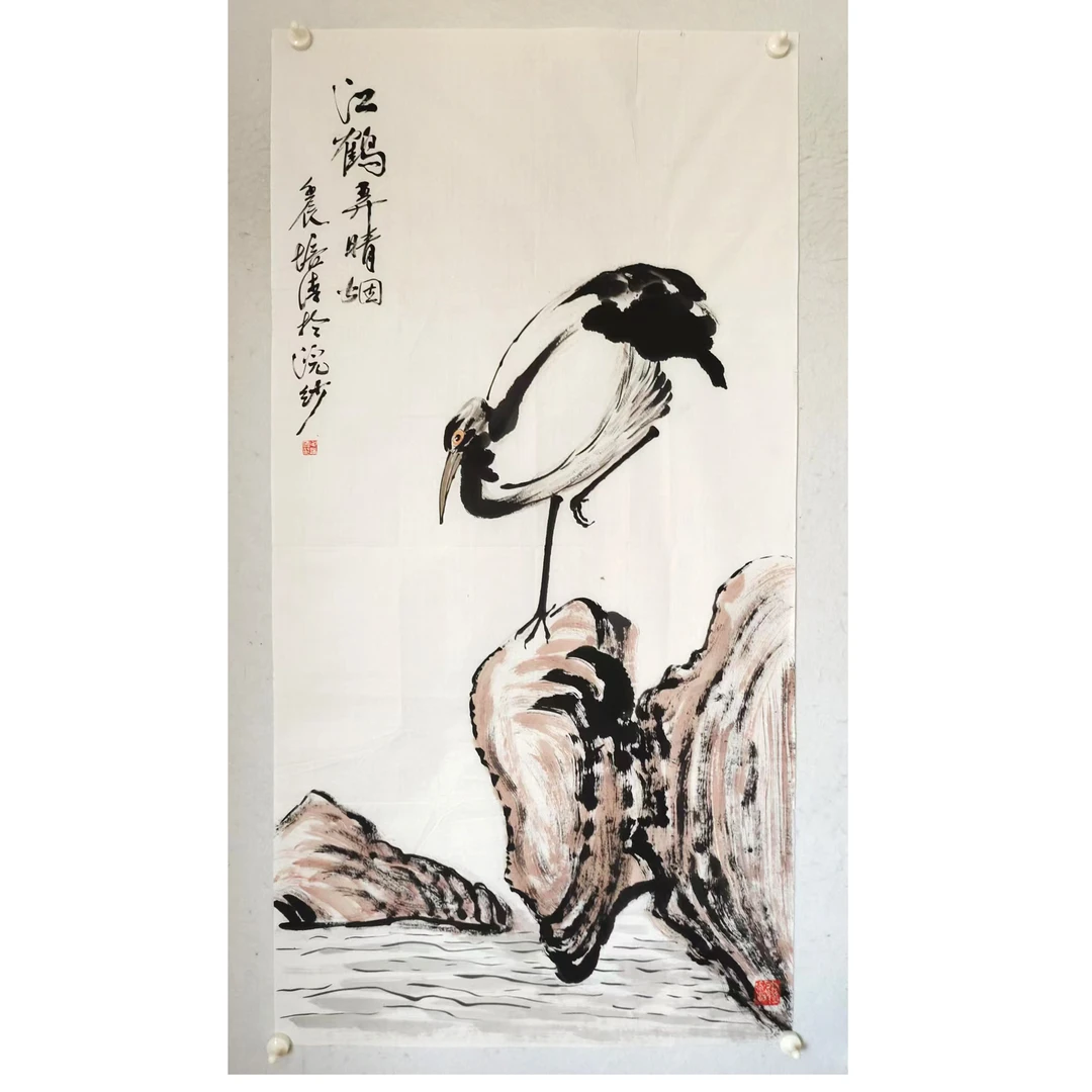 4281 多年前的纯手绘老字画《江鹤弄晴烟》中堂  尺寸 137×68