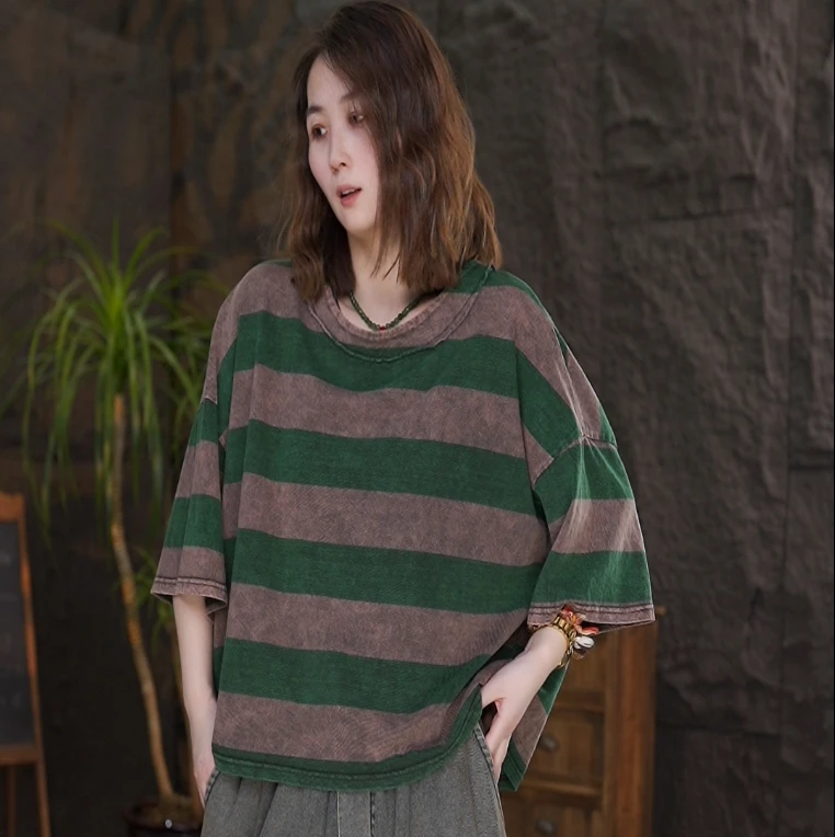 夏季新款文艺复古风女宽松条纹上衣短袖T恤女夏短袖上衣大版