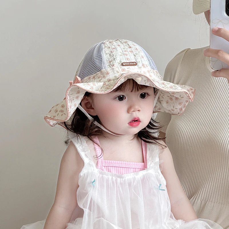 宝宝帽子春夏薄款渔夫帽透气网眼小碎花遮阳帽儿童出游大檐防晒帽