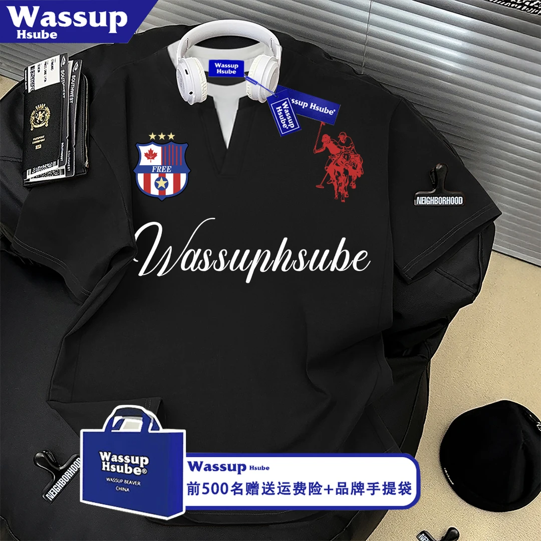WASSUP HSUBE高级感拼接假两件纯棉短袖T恤男女潮牌字母印花上衣