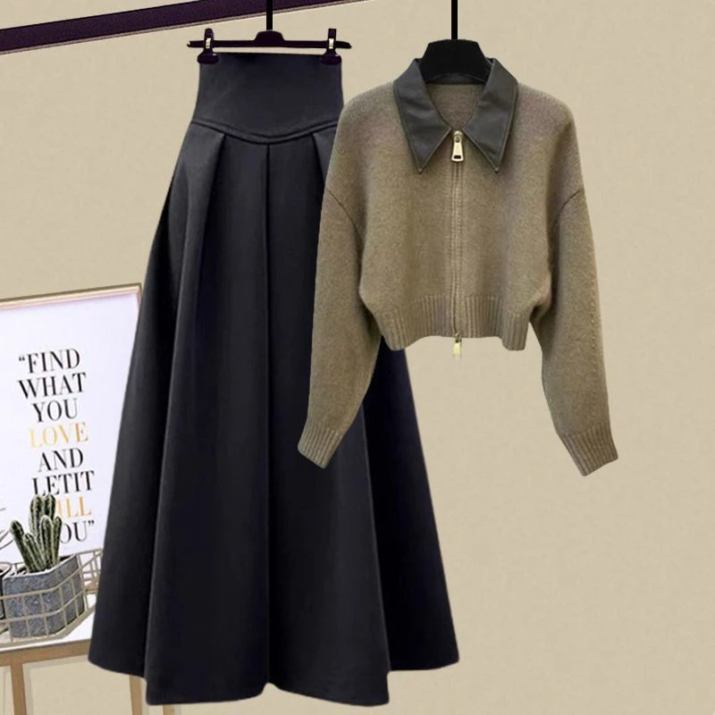 秋冬套装女2025新款高级感时尚polo领针织毛衣显瘦半身裙两件套装