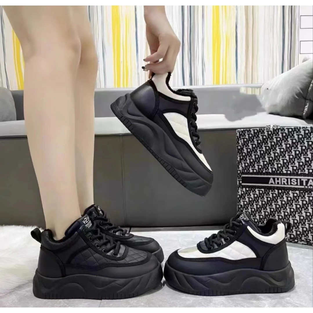 5505新款厚底系带网红爆款加绒面包秋冬新款真皮复古松糕鞋