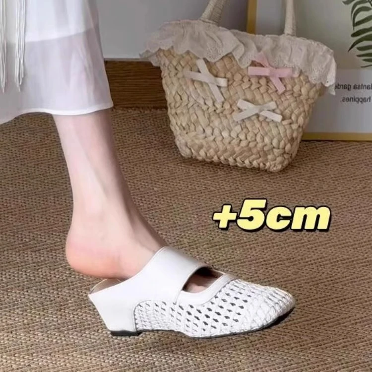 羊皮版~法式内增高编织包头半拖鞋女2025夏季新款百搭休闲凉拖鞋