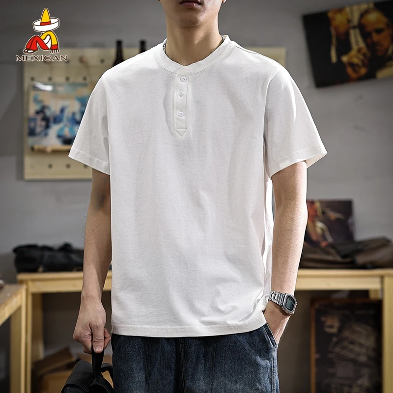 Mexican/稻草人美式亨利领男士纯色T恤短袖夏季宽松纯棉polo衫潮t
