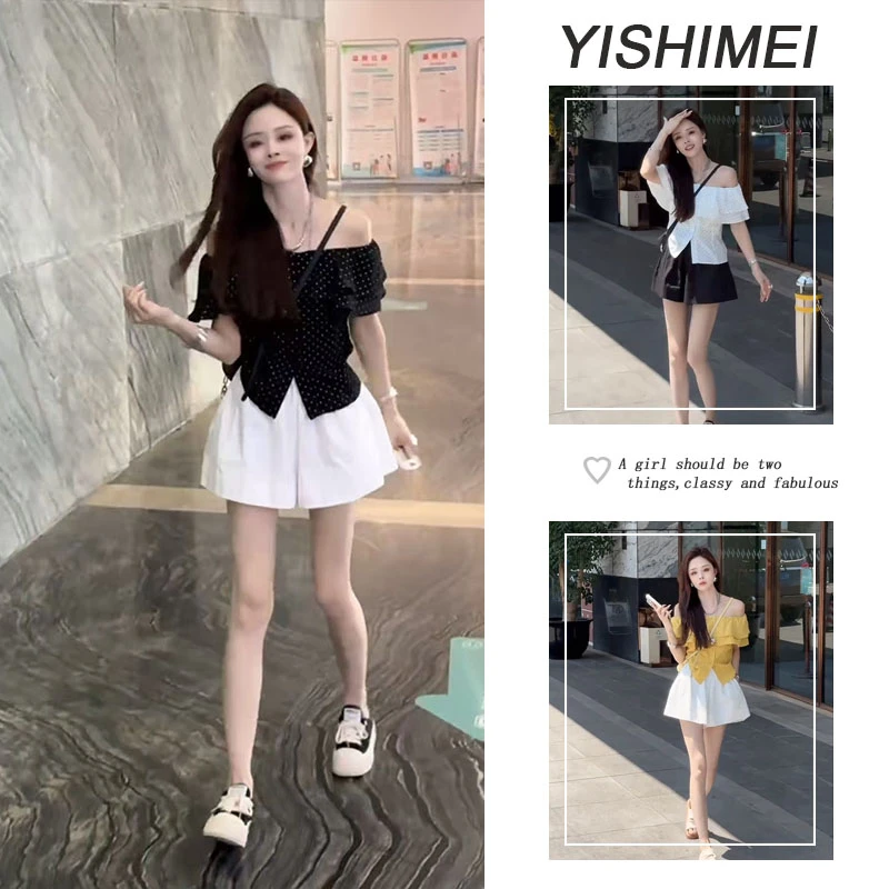 【现货】夏季穿搭一整套女2025新款甜美露肩上衣时尚百搭短裤两件套