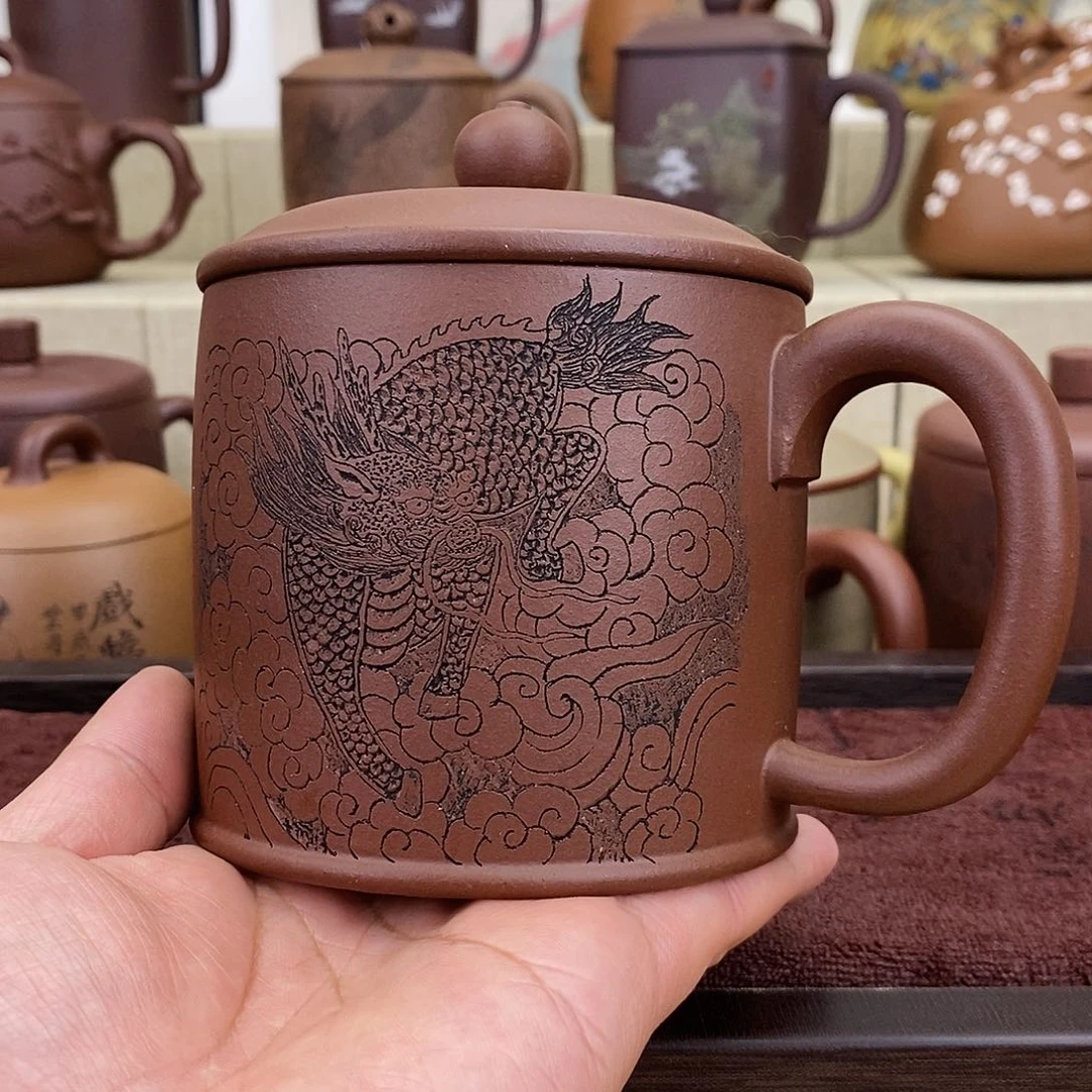 紫砂茶杯紫泥麒麟刻绘盖杯
