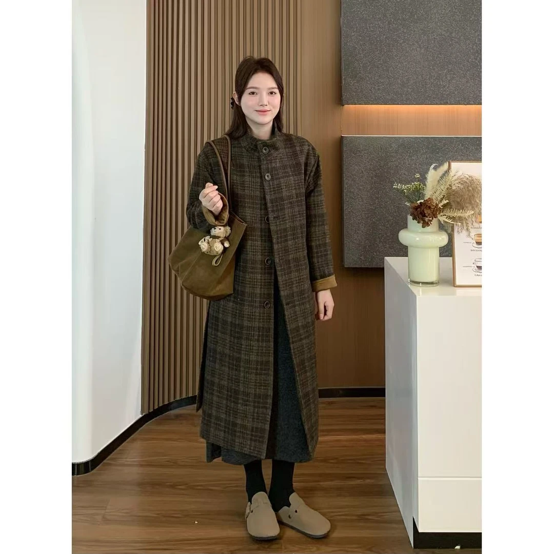 小羽酱小个子定制秋冬韩系复古气质格纹立领夹棉毛呢大衣长款外套