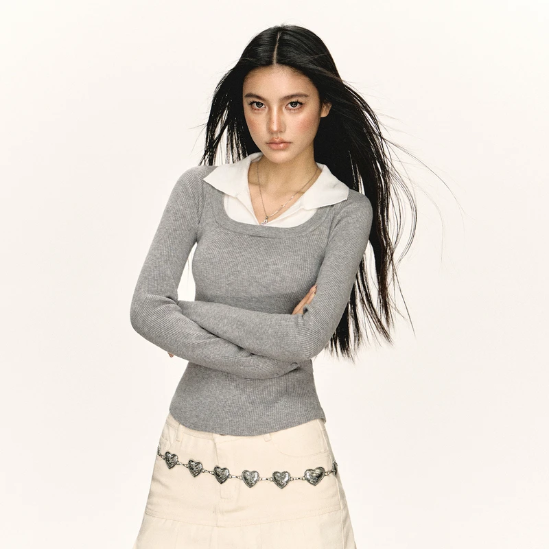 Ariseism 美式复古假两件修身针织衫女秋冬新款上衣