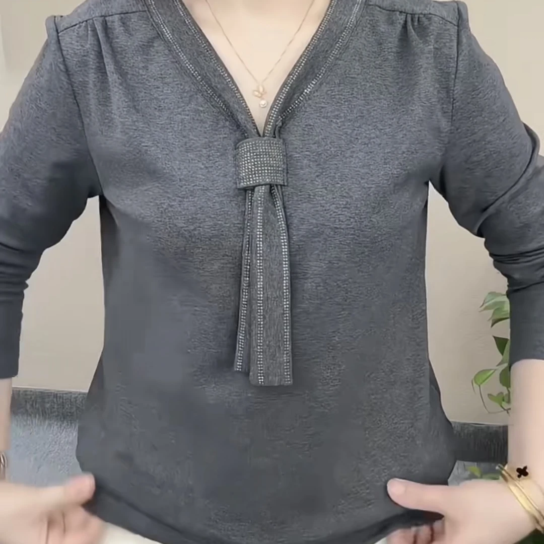 镶钻洋气T恤绑带烫钻染色时尚法式打底衫长袖V领休闲