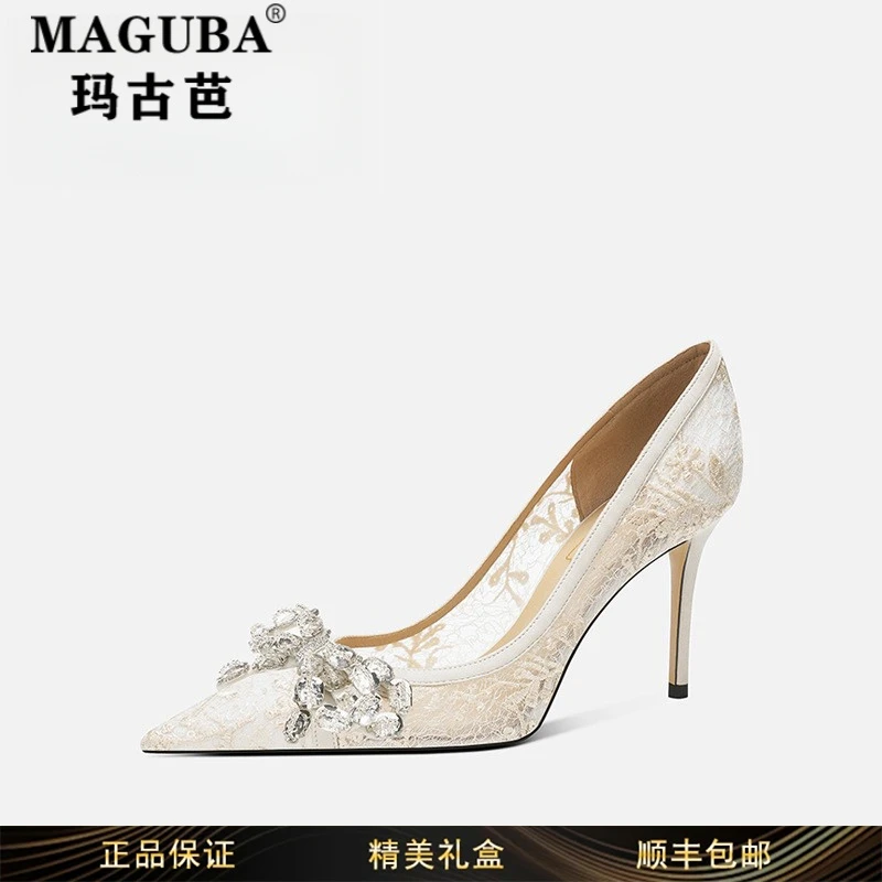 玛古芭女鞋法式轻奢高跟鞋女新款水钻蝴蝶结蕾丝仙女风细跟新娘鞋