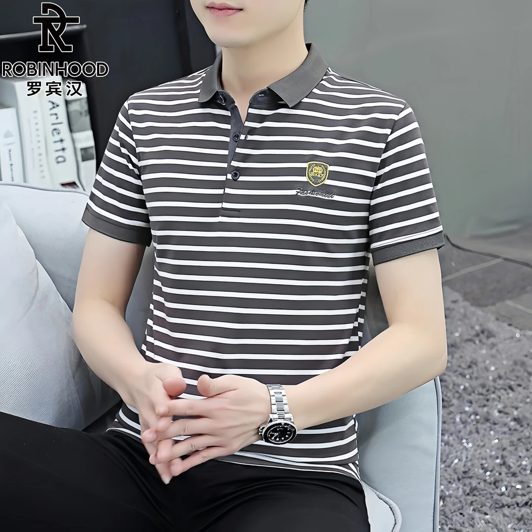 罗宾汉/ROBINHOOD夏季短袖T恤男韩版翻领POLO衫潮流青年条纹半袖t