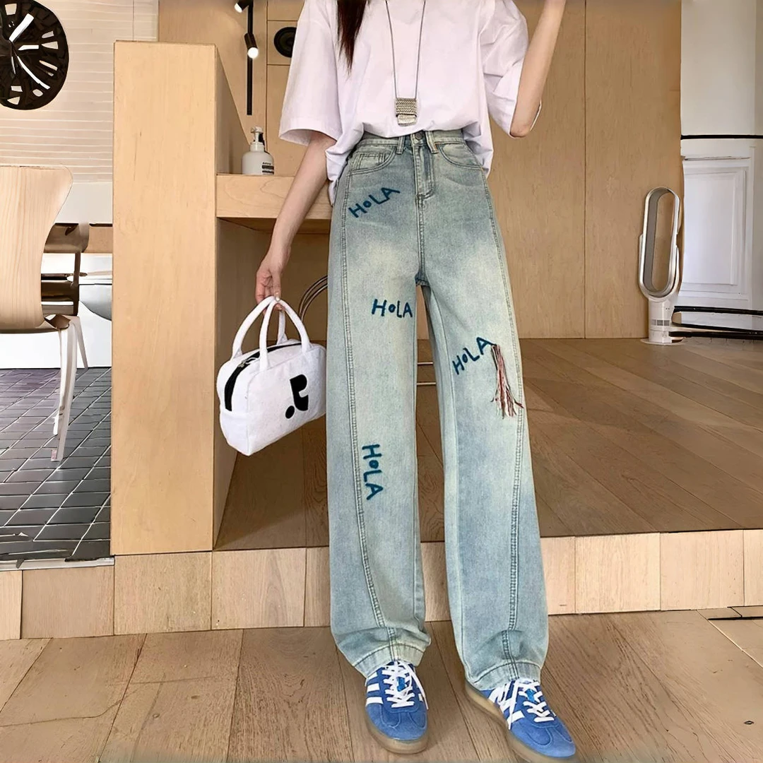 解构牛仔 /韩系链条绣款直筒牛仔裤13860花契200斤胖mm春季时尚