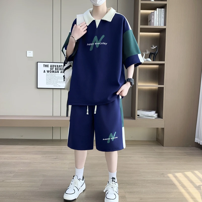 2025新款夏季两件套翻领短袖T恤短裤潮流青少年POLO衫男装一整套