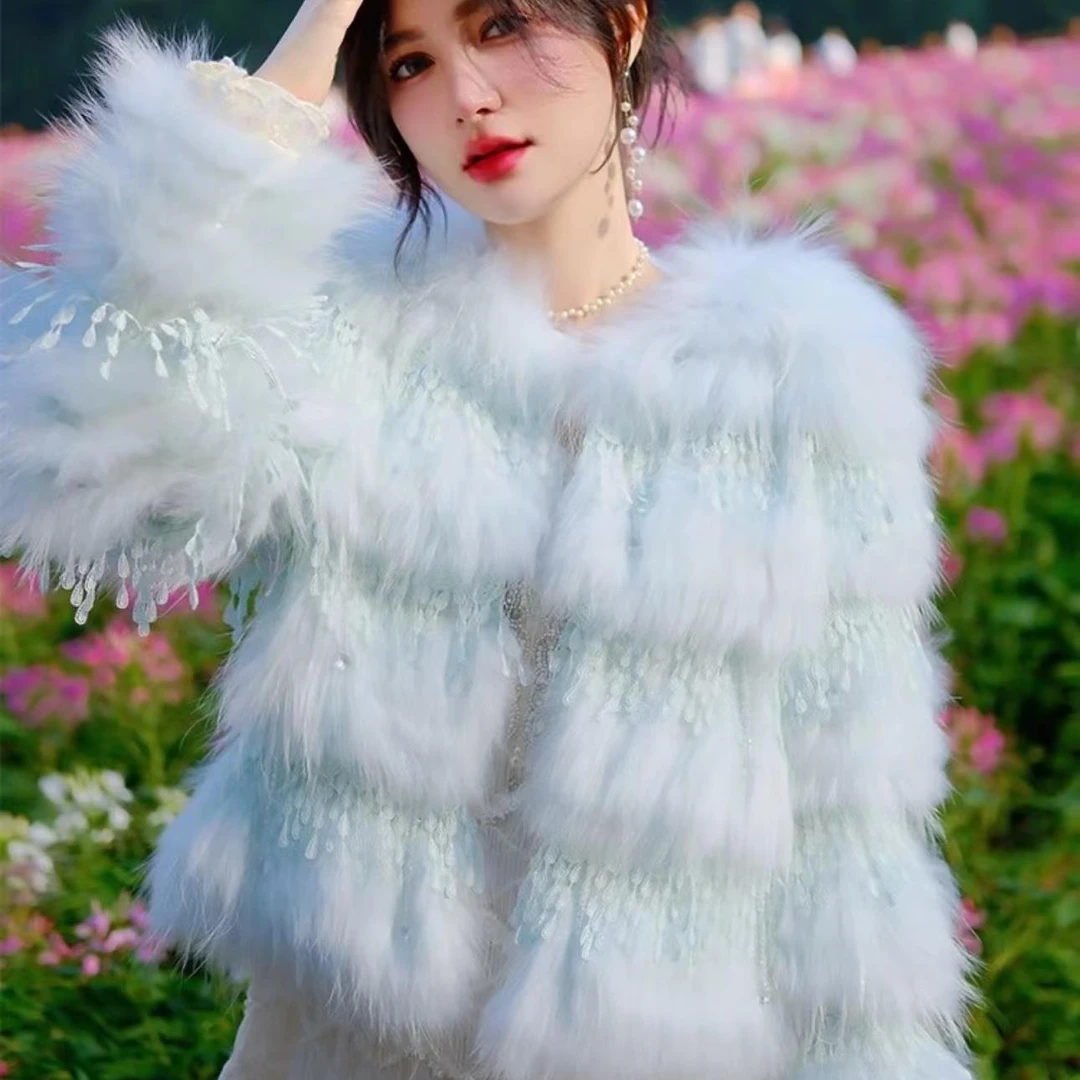 人造皮草 小香风貉子毛名媛皮草外套女式短秋冬款v领时尚-7360