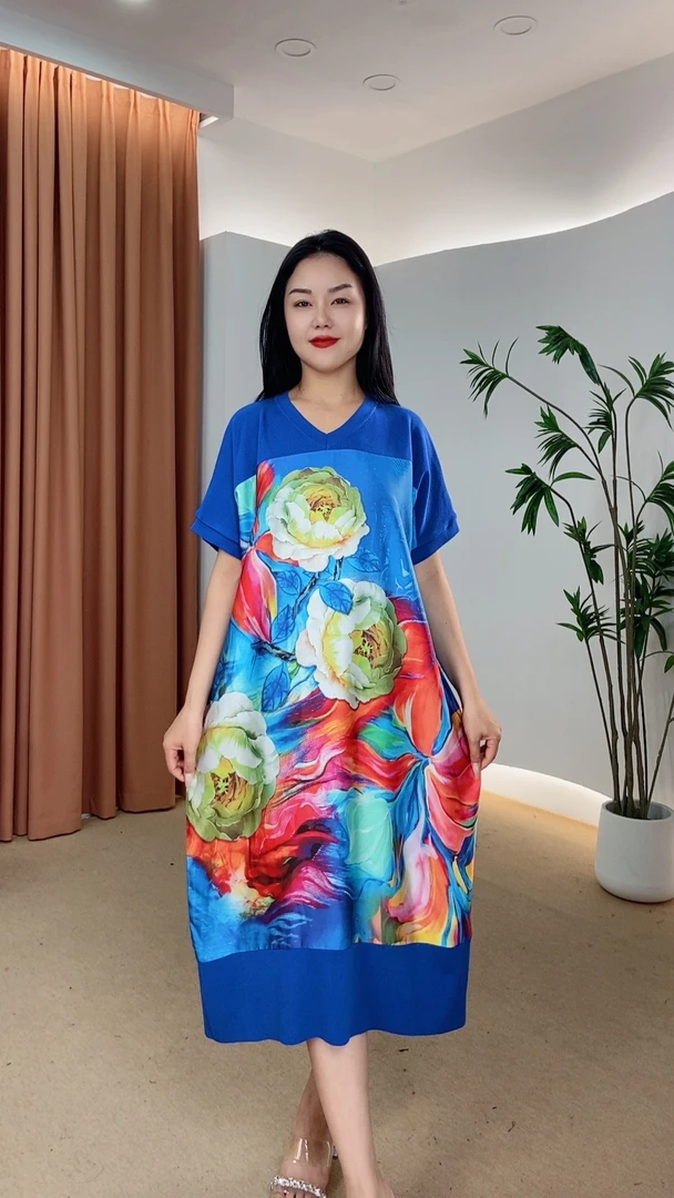 094号女装复古夏季气质优雅印花连衣裙显瘦气质长款