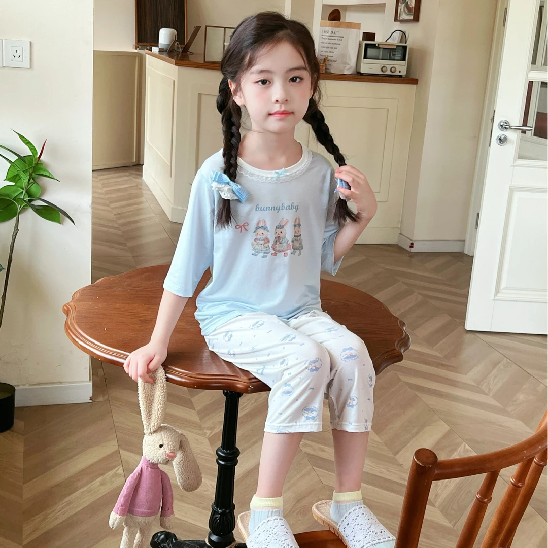 儿童睡衣新款莱赛尔套装女童空调服女宝七分袖家居服夏款薄款