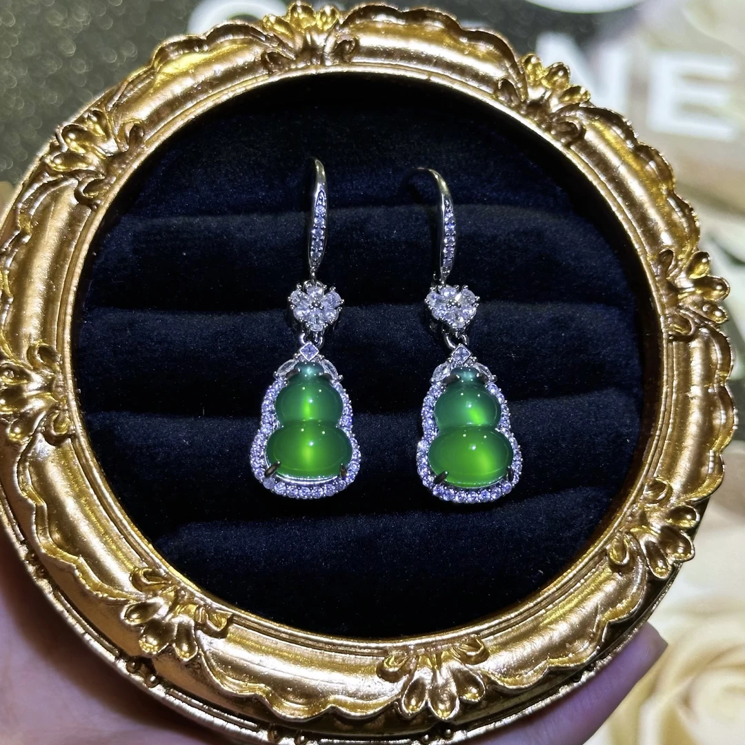 杨紫同款高冰阳绿葫芦玉髓耳环