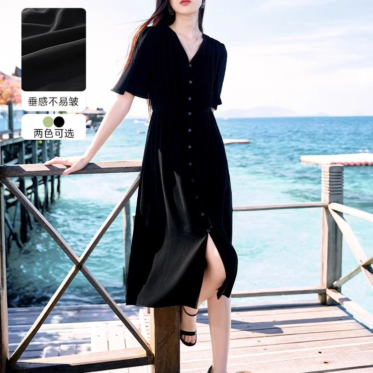 【粉丝专属】Q842044连衣裙 香影雪纺连衣裙女夏季新款荷叶袖单