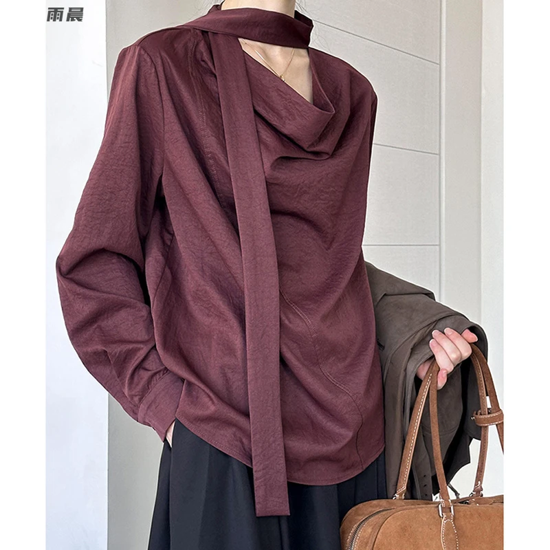 【3万人收藏】设计感挂脖飘带荡领长袖衬上女2025秋季韩版宽松百