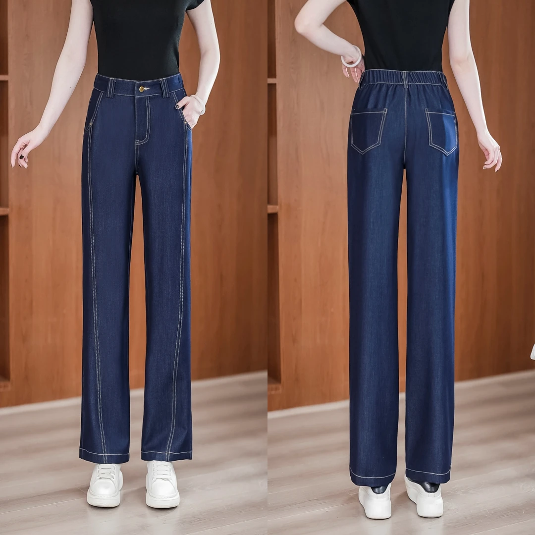 直筒牛仔裤女款春夏丹宁蓝高腰直筒裤休闲显高显瘦显腿长牛仔裤